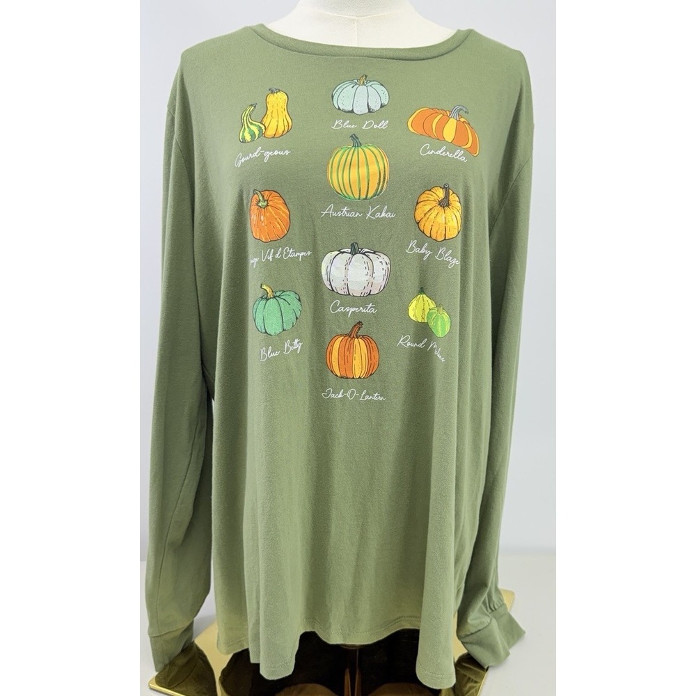 State Of Mine Pumpkin Graphic Long Sleeve Green Fall T-Shirt Womens XL